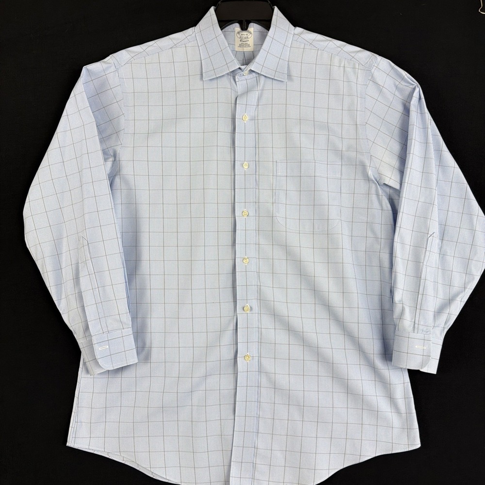 Brooks Brothers Dress Shirt Mens Classic 16.5 32 Blue Plaid Check Supima Cotton
